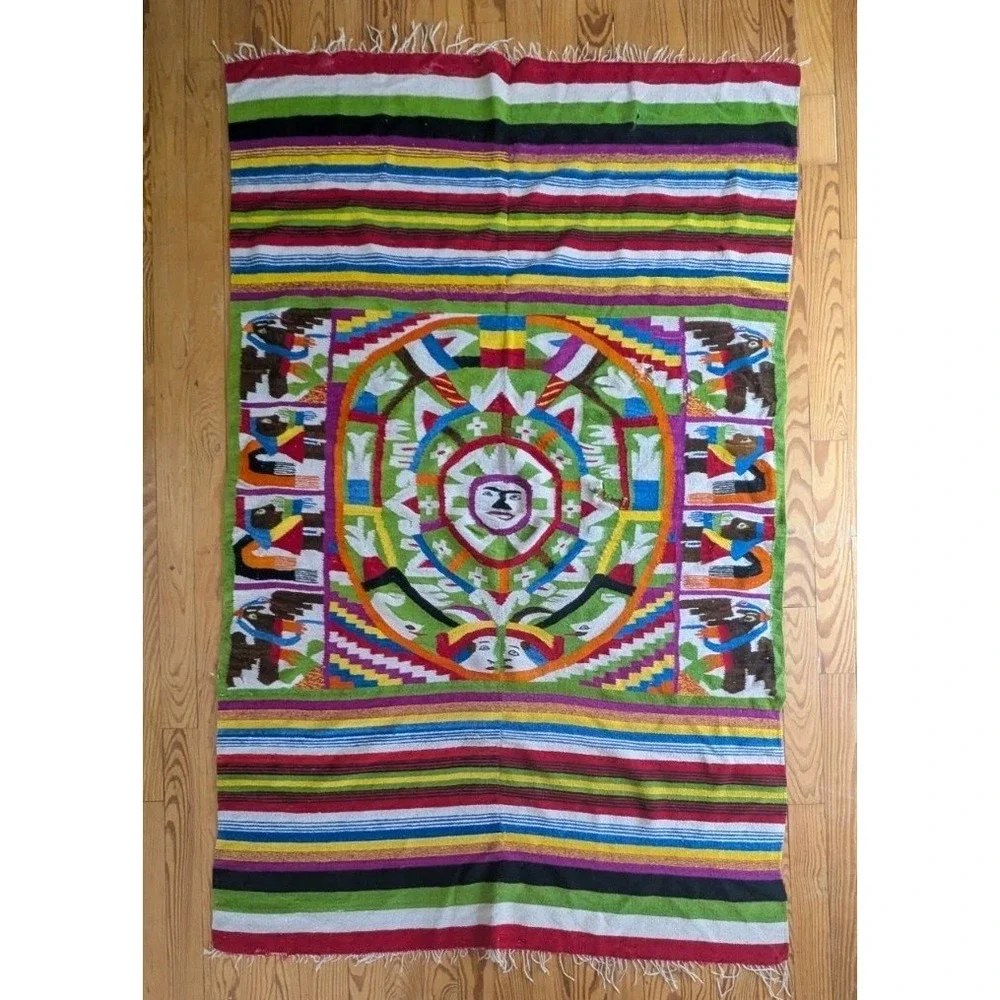 Vintage Mexican Flat Weave Rug/Wall Art Aztec Cabin Cottage Vacation Home